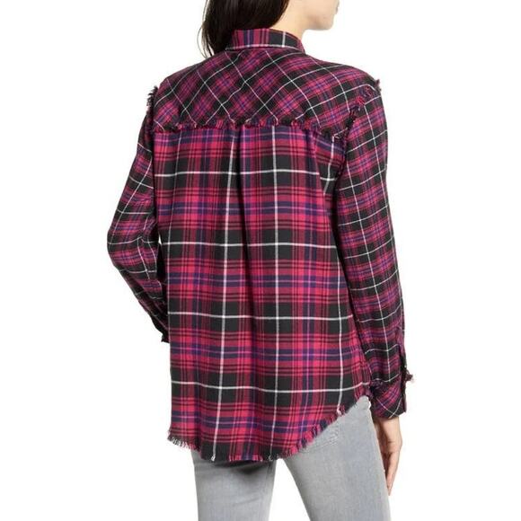Rails Brock Fuschia Navy Black Plaid Flannel Frayed Long Sleeve Button Up Top - Picture 2 of 15